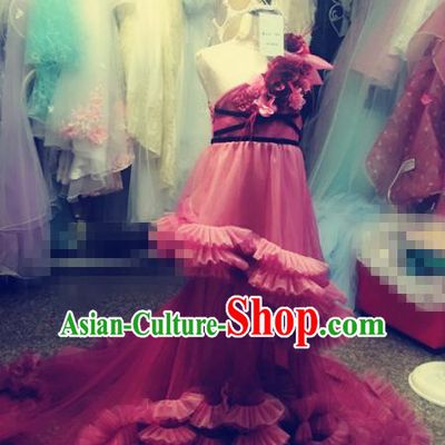 Children Models Show Costume Stage Performance Catwalks Pink Trailing Veil Dress for Kids