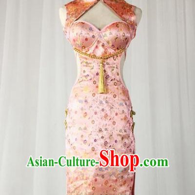 Top Grade Models Show Costume Stage Performance China Cheongsam Pink Full Dress for Women