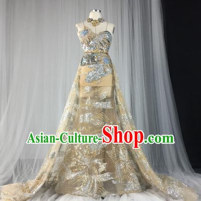 Top Grade Models Show Costume Stage Performance Catwalks Golden Full Dress for Women
