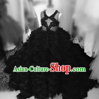 Children Models Show Costume Stage Performance Catwalks Compere Black Veil Mullet Dress for Kids