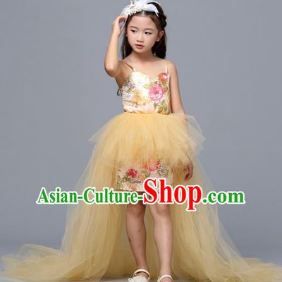 Children Models Show Costume Stage Performance Catwalks Compere Yellow Veil Dress for Kids