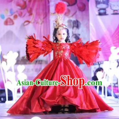 Children Models Show Costume Stage Performance Catwalks Compere Red Feather Mullet Dress for Kids
