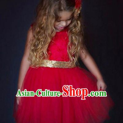 Children Models Show Costume Catwalks Stage Performance Bowknot Red Veil Dress for Kids