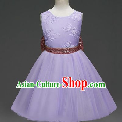 Children Models Show Costume Catwalks Stage Performance Bowknot Purple Veil Dress for Kids