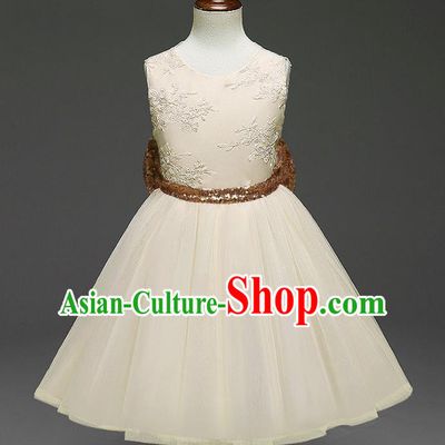 Children Models Show Costume Catwalks Stage Performance Bowknot Champagne Veil Dress for Kids