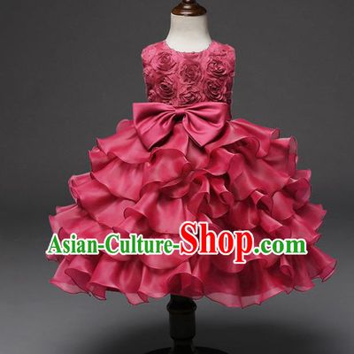 Top Grade Children Catwalks Costume Princess Stage Performance Bowknot Wine Red Bubble Dress for Kids