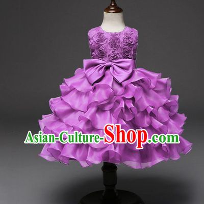Top Grade Children Catwalks Costume Princess Stage Performance Bowknot Purple Bubble Dress for Kids