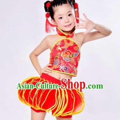 Top Grade Children Catwalks Costume Folk Dance Stage Performance Red Clothing for Kids