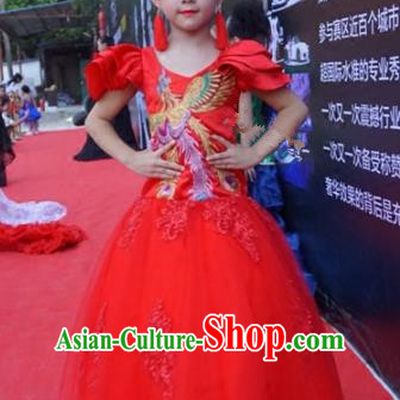 Children Models Show Costume Stage Performance Catwalks Red Cheongsam for Kids