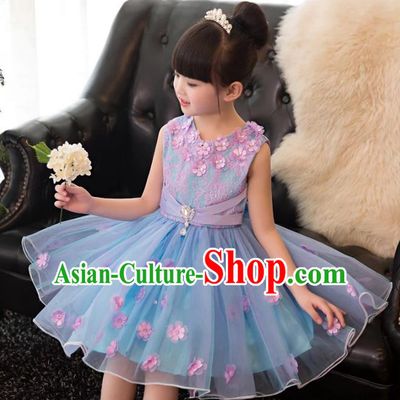 Top Grade Children Catwalks Costume Modern Dance Stage Performance Flower Fairy Blue Dress for Kids