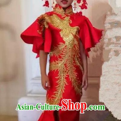 Children Models Show Costume Stage Performance Catwalks Red Cheongsam Mullet Dress for Kids
