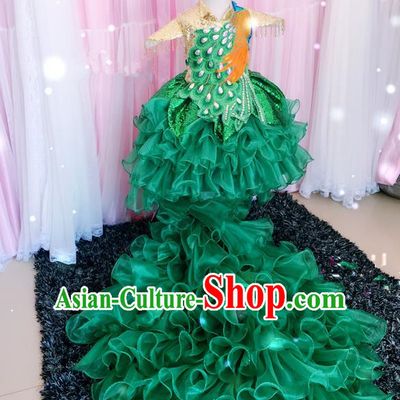 Top Grade Children Catwalks Costume Modern Dance Stage Performance Peacock Trailing Dress for Kids