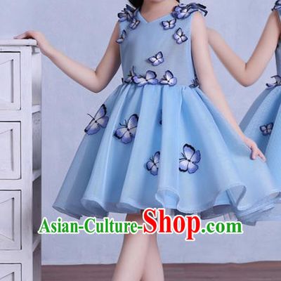 Top Grade Children Catwalks Costume Modern Dance Stage Performance Blue Butterfly Dress for Kids