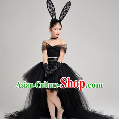 Top Grade Children Catwalks Costume Modern Dance Stage Performance Black Veil Trailing Dress for Kids
