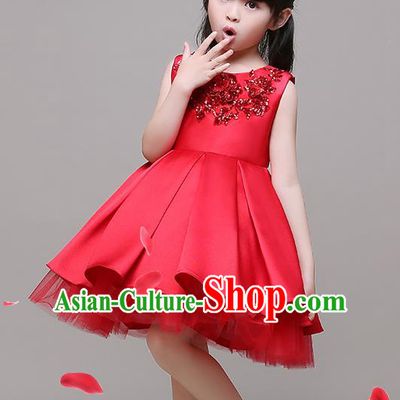 Top Grade Children Catwalks Costume Modern Dance Stage Performance Red Bubble Dress for Kids