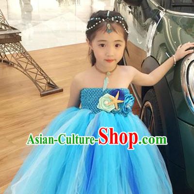 Top Grade Children Catwalks Costume Modern Dance Stage Performance Blue Veil Bubble Dress for Kids