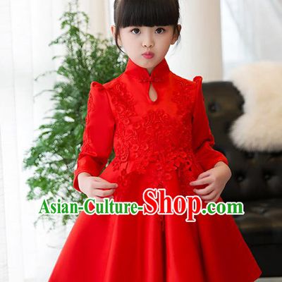 Top Grade Children Catwalks Costume Modern Dance Stage Performance Red Lace Cheongsam Dress for Kids