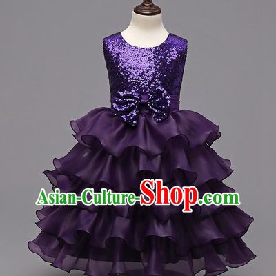 Top Grade Children Catwalks Costume Modern Dance Stage Performance Compere Purple Sequins Dress for Kids