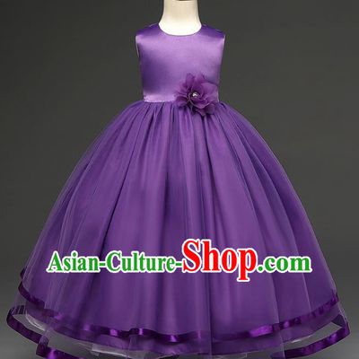 Top Grade Children Catwalks Costume Modern Dance Stage Performance Compere Purple Full Dress for Kids