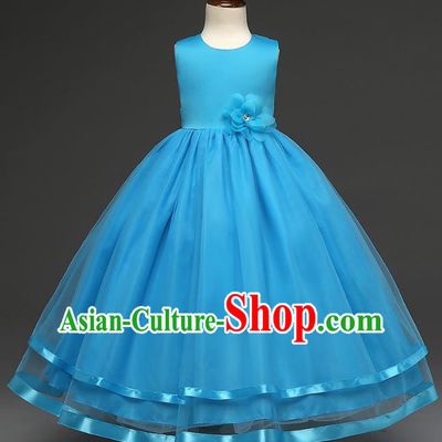 Top Grade Children Catwalks Costume Modern Dance Stage Performance Compere Blue Full Dress for Kids