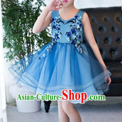 Children Catwalks Flower Fairy Costume Modern Dance Stage Performance Compere Blue Bubble Full Dress for Kids