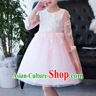 Children Catwalks Flower Fairy Costume Modern Dance Stage Performance Compere Pink Bubble Full Dress for Kids