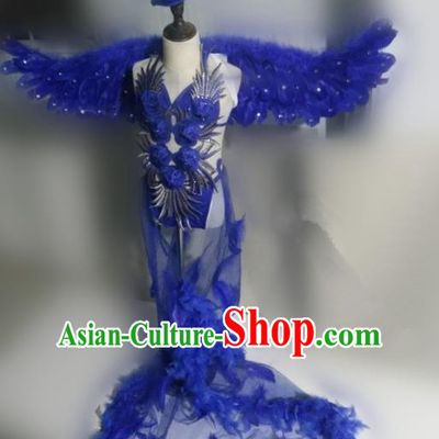 Children Models Show Costume Stage Performance Catwalks Royalblue Feather Dress and Wings for Kids