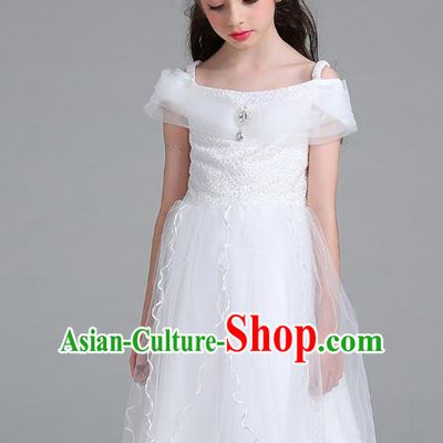 Children Models Show Compere Costume Stage Performance Catwalks White Full Dress for Kids