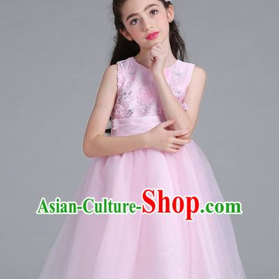 Children Models Show Compere Costume Stage Performance Catwalks Pink Veil Full Dress for Kids