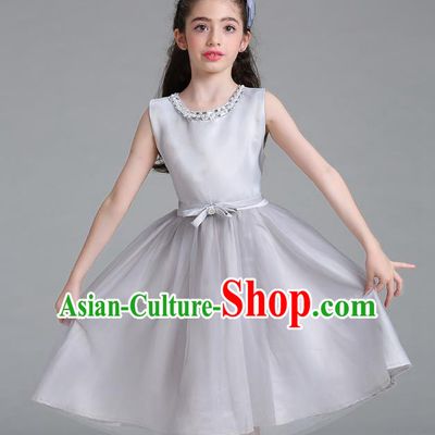 Children Models Show Compere Costume Stage Performance Catwalks Grey Veil Full Dress for Kids