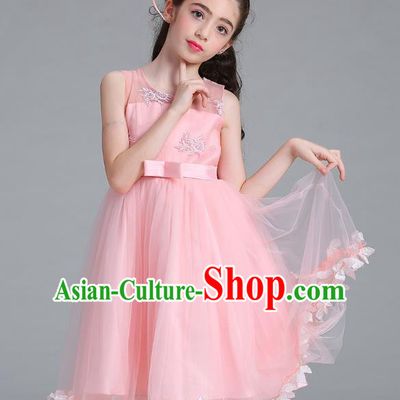 Children Models Show Compere Costume Stage Performance Girls Princess Pink Full Dress for Kids