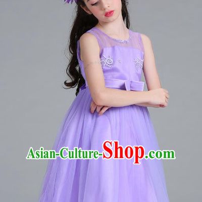 Children Models Show Compere Costume Stage Performance Girls Princess Purple Full Dress for Kids