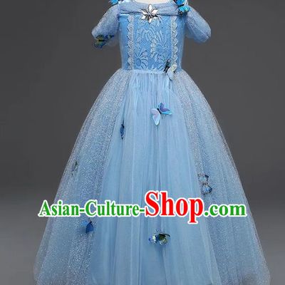Children Models Show Compere Costume Stage Performance Girls Princess Blue Veil Full Dress for Kids
