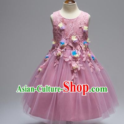 Children Models Show Compere Costume Stage Performance Girls Princess Purple Lace Dress for Kids