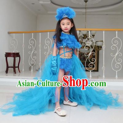Children Models Show Compere Costume Girls Princess Blue Veil Mullet Dress Stage Performance Clothing for Kids