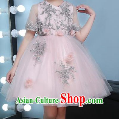 Children Models Show Compere Costume Girls Princess Pink Veil Dress Stage Performance Clothing for Kids