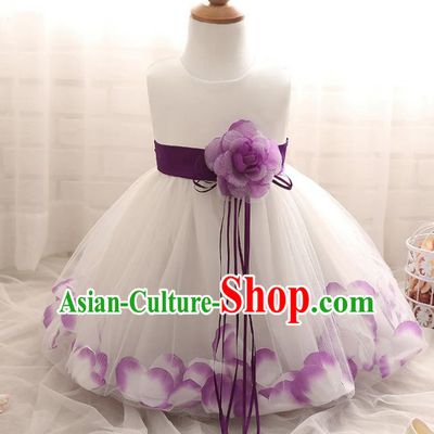 Children Models Show Costume Compere Purple Rose Full Dress Stage Performance Clothing for Kids