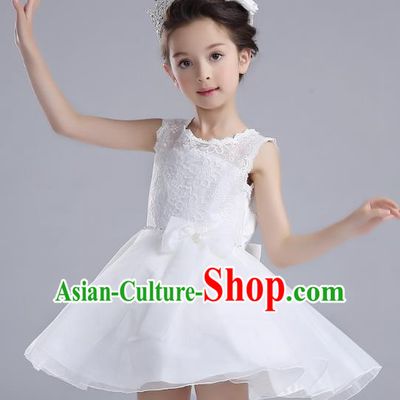 Children Models Show Costume Catwalks Stage Performance Dance White Dress for Kids