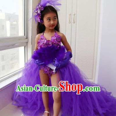 Children Models Show Costume Catwalks Stage Performance Purple Dress and Hat for Kids