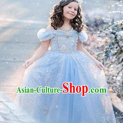 Children Fairy Princess Costume Compere Stage Performance Catwalks Blue Dress for Kids