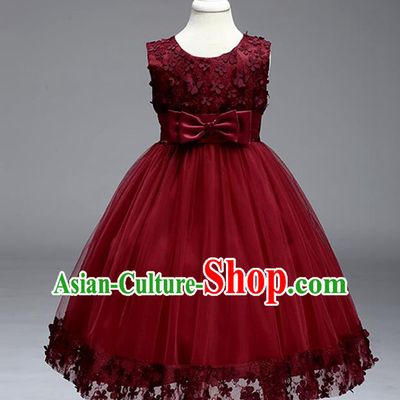 Children Fairy Princess Wine Red Veil Dress Stage Performance Catwalks Compere Costume for Kids