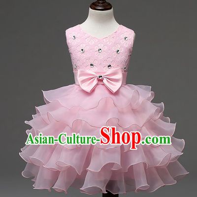 Children Fairy Princess Pink Layered Dress Stage Performance Catwalks Compere Costume for Kids