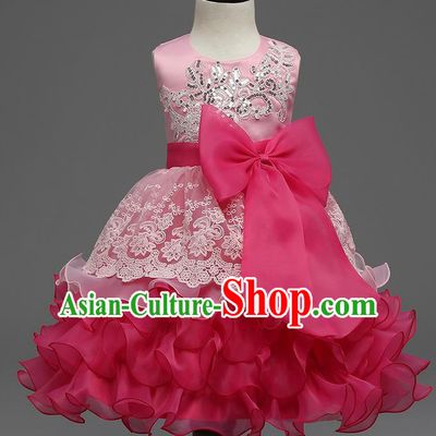 Children Flower Fairy Costume Modern Dance Stage Performance Catwalks Compere Pink Full Dress for Kids