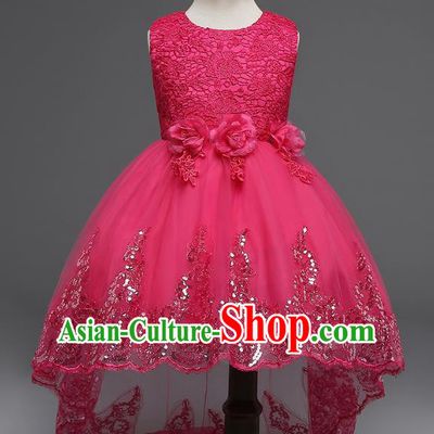 Children Fairy Princess Rosy Lace Dress Stage Performance Catwalks Compere Costume for Kids