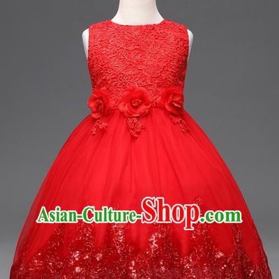 Children Fairy Princess Red Lace Dress Stage Performance Catwalks Compere Costume for Kids