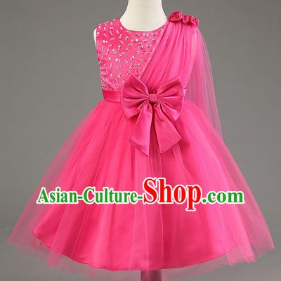 Children Fairy Princess Bowknot Rosy Dress Stage Performance Catwalks Compere Costume for Kids