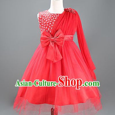 Children Fairy Princess Bowknot Red Dress Stage Performance Catwalks Compere Costume for Kids
