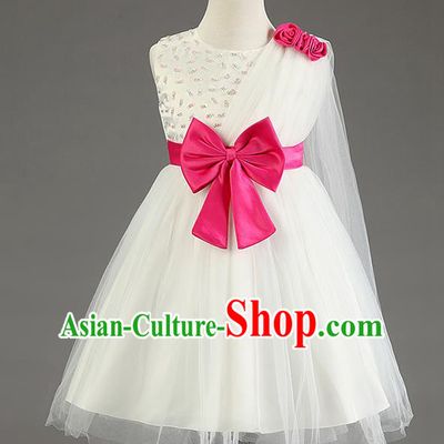 Children Fairy Princess Bowknot White Dress Stage Performance Catwalks Compere Costume for Kids