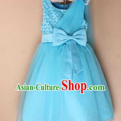Children Fairy Princess Bowknot Blue Dress Stage Performance Catwalks Compere Costume for Kids