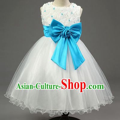 Children Fairy Princess Blue Bowknot Dress Stage Performance Catwalks Compere Costume for Kids